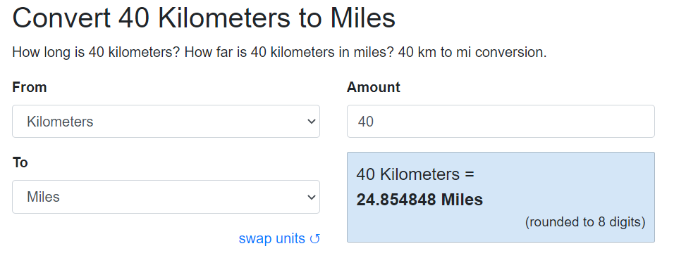 CalculateMe Tool to know how far is 40 km in miles