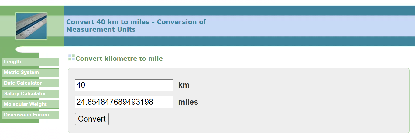 ConvertUnits Tool to know how much is 40 km in miles