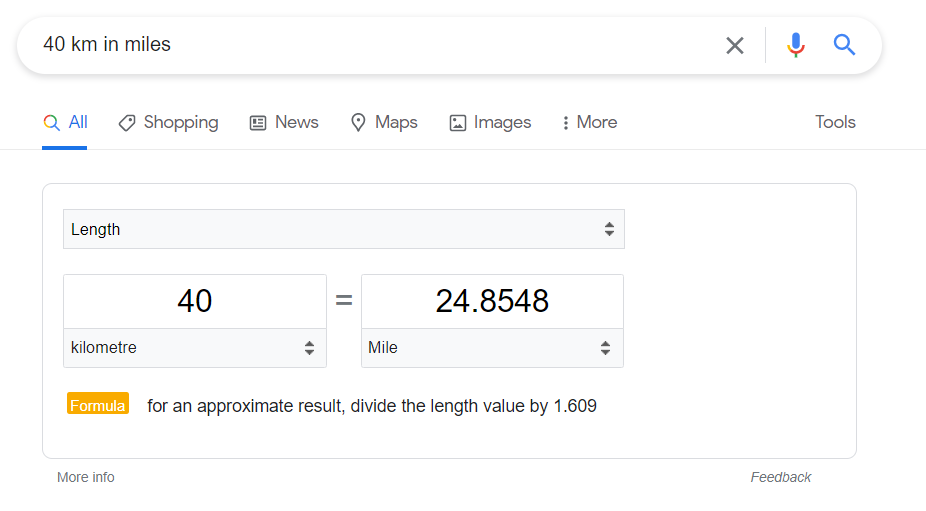 Google Converter Tool to convert 40 km in miles