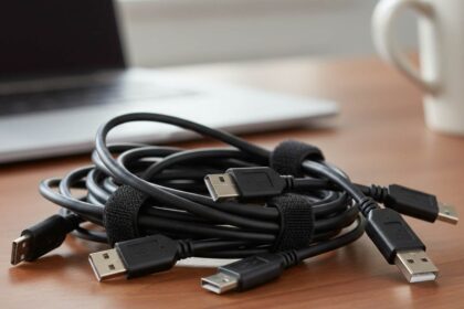A coiled bundle of black Micro USB cables with Velcro ties rests on a wooden desk. In the background, a laptop and a white mug are visible, out of focus.