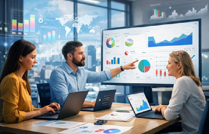 Business professionals reviewing analytics dashboards and charts during a collaborative strategy meeting in a modern office.