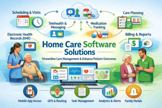 Home care software solutions dashboard showing scheduling, EHR, telehealth, medication tracking, billing, and caregiver mobile app features.