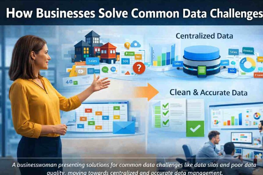 Illustration showing businesses solving common data challenges using centralized data systems, analytics dashboards, and improved data quality.