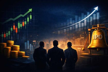 Recent IPO market performance illustrated with stock charts, IPO bell, and investors analyzing market conditions