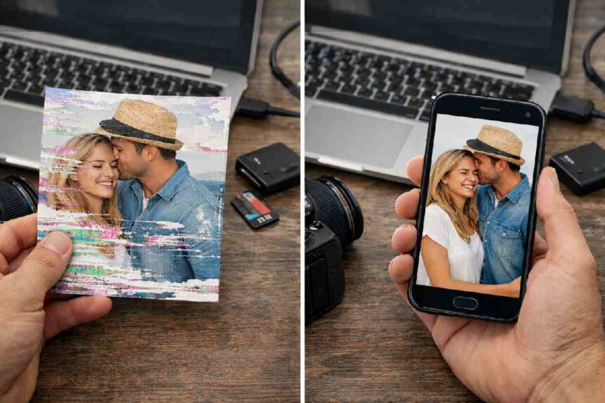 Before and after repair of photos damaged during camera to phone transfer