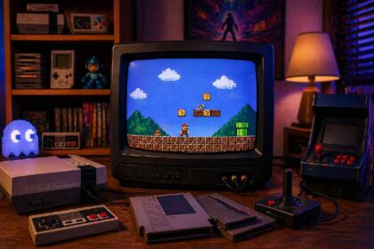 Vintage video games setup with retro gaming console and CRT TV