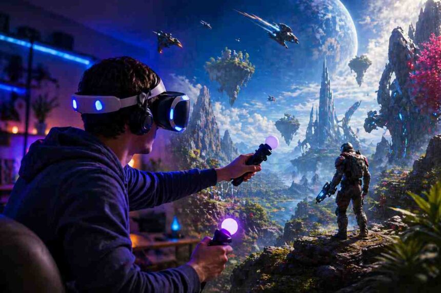 Virtual reality in gaming with player using VR headset