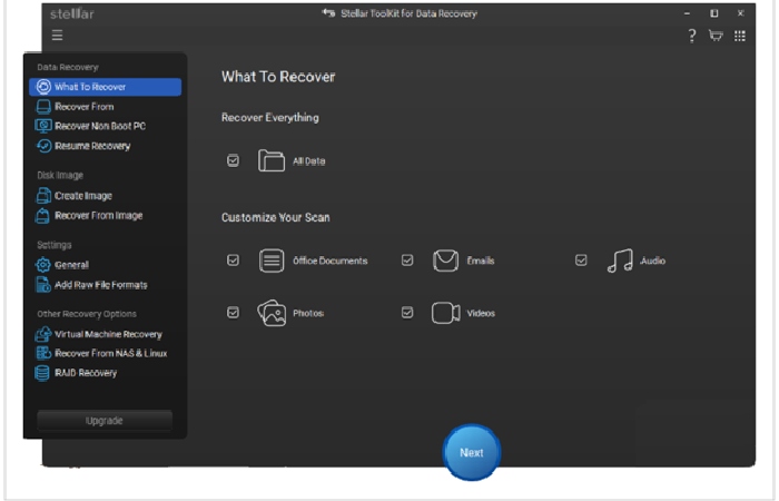 Stellar Data Recovery software interface showing file scan and recovery options