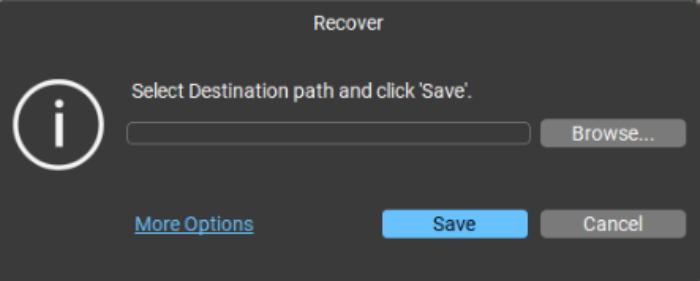 Stellar data recovery save dialog showing destination path selection and save option