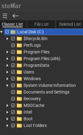 Stellar data recovery software showing scanned file directory structure on local disk